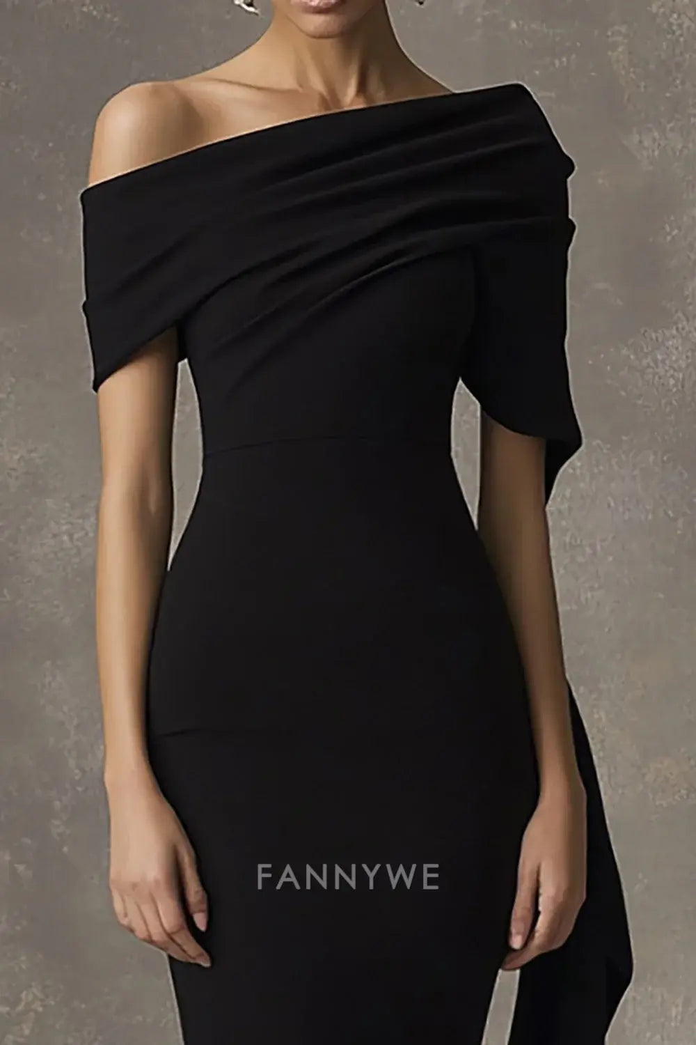 FannyWe Simple Black Sheath Off the Shoulder Long Black Tie Dress